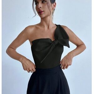 Black Large Bow One Shoulder Bodysuit Slim Fit Asymmetrical